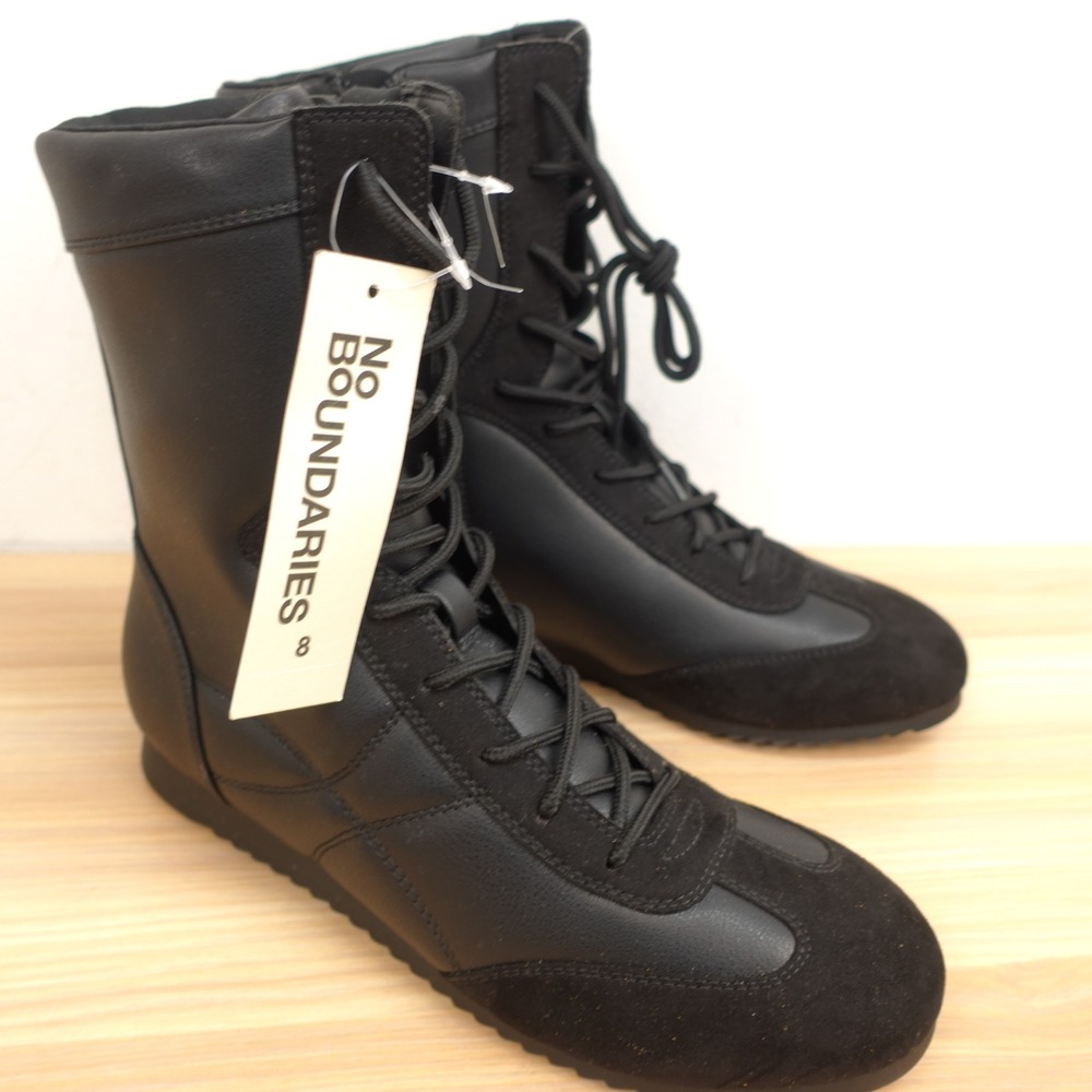 Y2K Tech Punk Lace Up Boots Womens 8 Black Goth Wrestling Combat NO BOUNDARIES